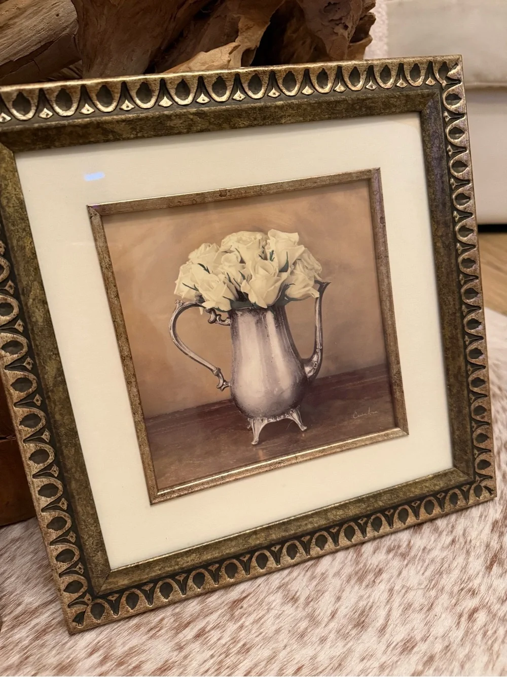 Framed Vintage-Style White Rose Prints - Set of 2 silver pitcher